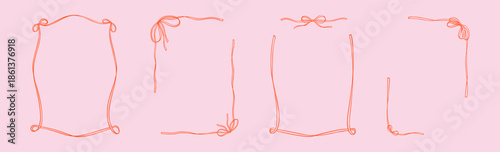 Set of hand drawn crayon doodle whimsical coquettish frames with cute bow. Bachelorette party, Christmas greeting card, Italian, French restaurant meny design element. Rectangle victorian border