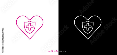 Editable stroke medical cross badge heart line art vector design to use for healthcare, hospital, healthy lifestyle, medical laboratory, medical science project.