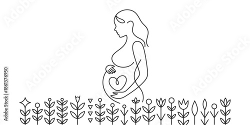 Minimalist line art of pregnant woman with flowers border