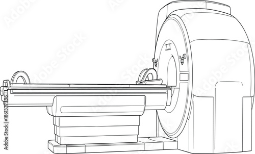 Detailed line illustration of a modern MRI or CT scan machine featuring diagnostic imaging table and medical scanner