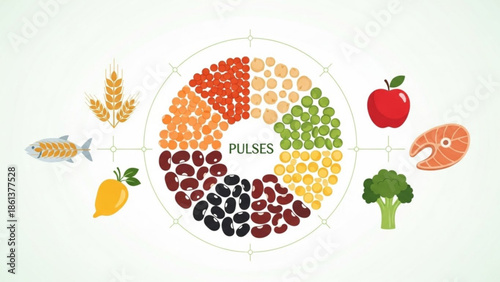 Healthy food circle diagram with pulses grains fish meat and vegetables concept of balanced nutrition for a healthy lifestyle