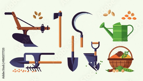 Collection of flat design farming tools and equipment agricultural icons for harvest and gardening isolated on light background