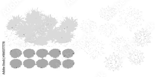 Abstract grayscale illustration featuring trees foliage and circular shapes
