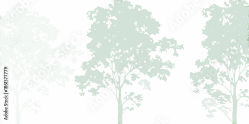 Minimalist depiction of three trees with varying shades of green and white