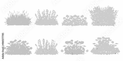 Collection of gray silhouettes depicting various types of bushes and foliage