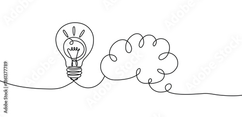 Continuous line drawing of a light bulb connected to a thought cloud, symbolizing idea generation and creativity