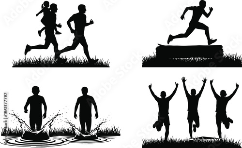 Running silhouette set, obstacle course race vector, mud run competition, trail running family, jumping over logs, water splash marathon, celebrating athletes collection,