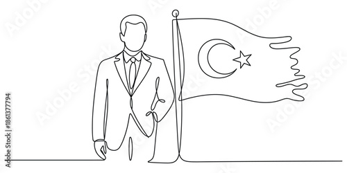 A continuous line drawing of a businessman or politician standing with the turkish flag