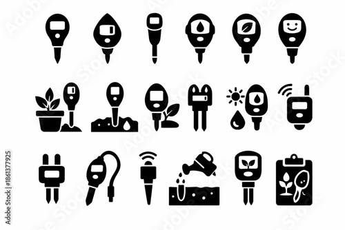 Digital plant care icons: moisture, light, and soil monitoring tools