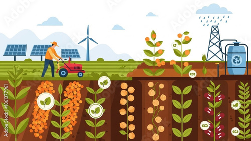 Sustainable agriculture with renewable energy and smart irrigation farmer using tractor on field infographic concept for eco farming