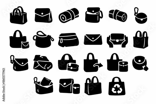 Collection of various stylish bag icons in bold silhouette design