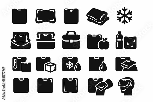 Icon set of thermal bags, cooling elements, and insulated drink containers
