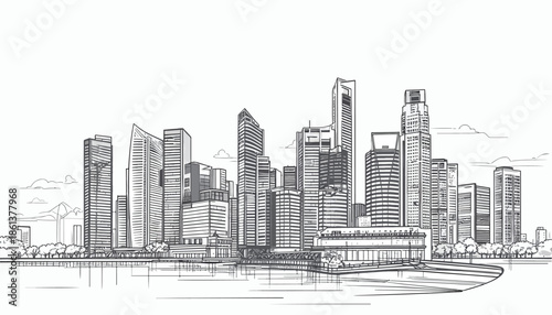 Modern high rise business district skyline sketch with waterfront view