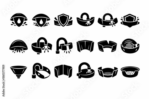 Set of black and white plumbing icons featuring pipes, faucets, and drains