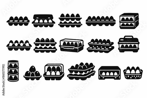 Various egg carton designs in black silhouette illustration set