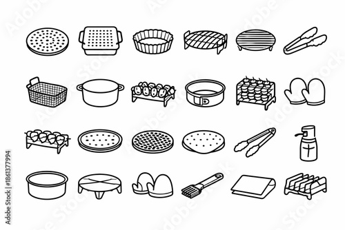 Collection of kitchen tools and utensils for cooking and baking