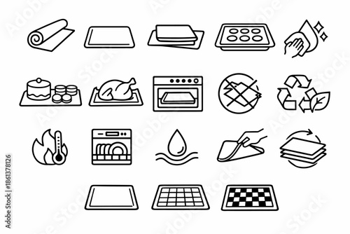 Collection of kitchen icons: baking, cooking, cleaning, recycling symbols