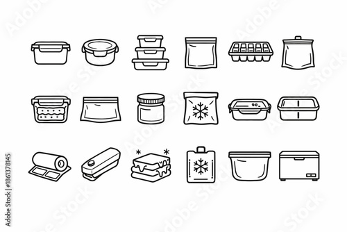 Black and white icons of food storage and freezing containers