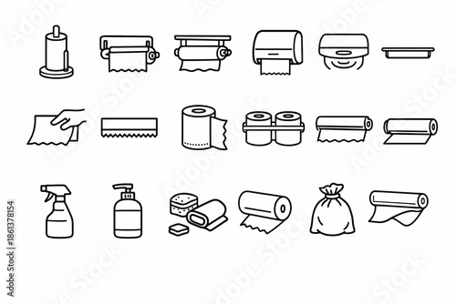 Variety of paper towel and cleaning supply icons for hygiene and organization