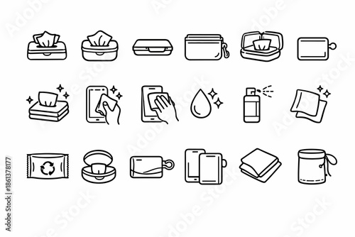 Collection of hygiene products and mobile devices outline icons