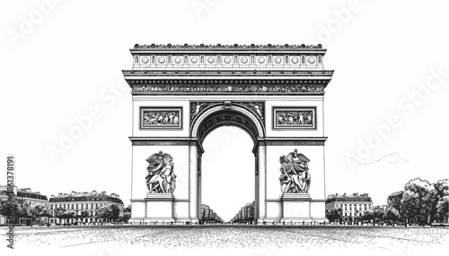 Architectural sketch of the Arc de Triomphe Paris with detailed relief