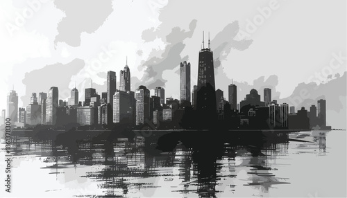 Atmospheric monochrome sketch of a dark moody city skyline with reflection