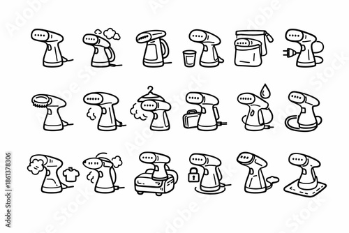 Collection of handheld garment steamers with various attachments and functions