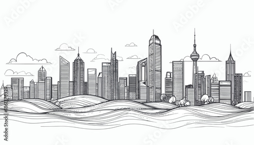 Linear city skyline sketch with wavy artistic ground element illustration