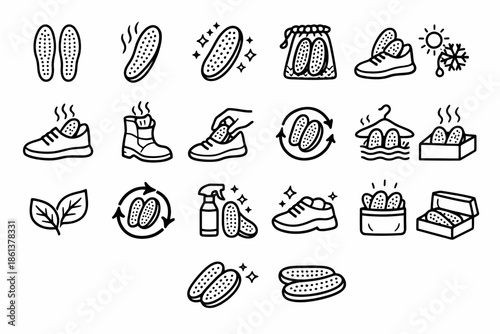 Icons of shoe insoles, cleaning, and freshening methods