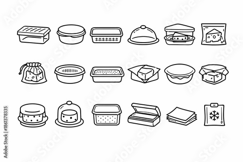 Collection of various cheese containers and packaging designs in black and white illustration