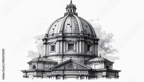 Detailed architectural sketch of a classical dome structure with ornate details