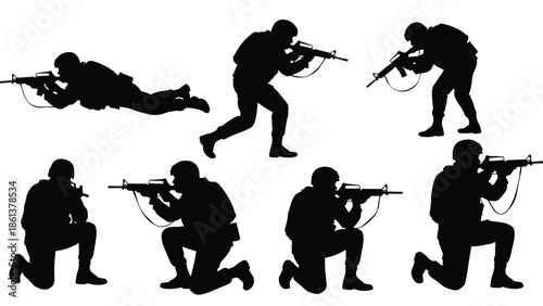 Black silhouette set of soldiers in different combat positions with rifles isolated on white background for military and defense concepts (20 words)