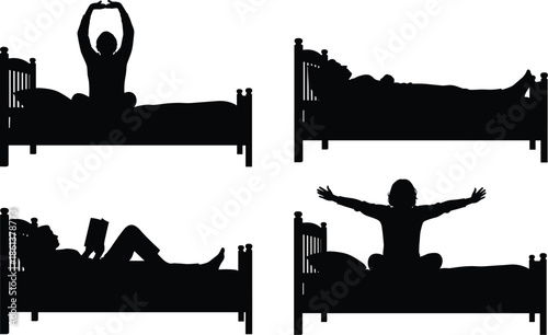 Set of silhouette person in bed waking up stretching arms reading book and sleeping comfortably in bedroom furniture at home,