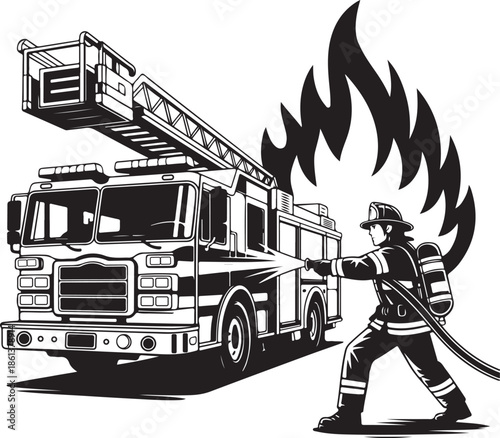 Firefighter directing a fire truck with extended ladder towards a blaze