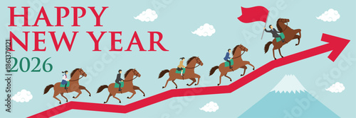 午年をイメージした矢印の上を走る先生と学生が乗った馬のイラストの横長の年賀状_男性教師_happy new year
