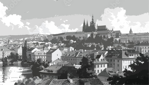Scenic landscape of Prague castle and historical town from the river sketch