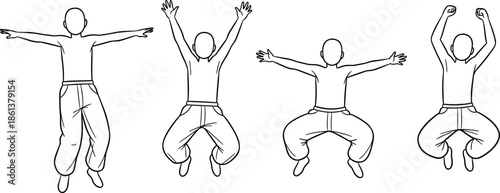 Jumping human outline illustration sequence showing dynamic body movements with raised arms active poses minimalist line art vector design set