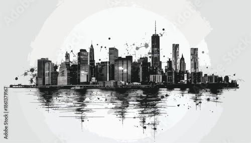 Moody monochrome city skyline sketch with dark reflection and ink texture