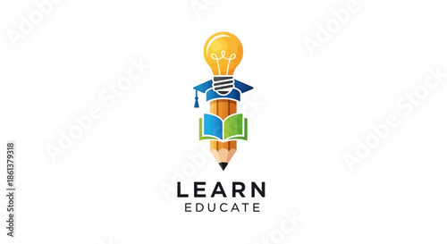 Education concept with lightbulb pencil and book learning symbol