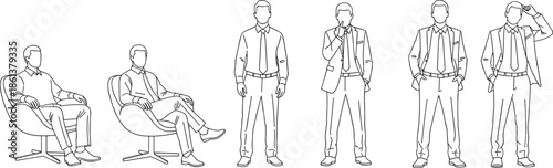 Business men outline illustration set featuring sitting and standing male professionals in formal office attire minimalist line art vector collection