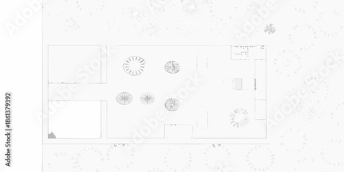 Architectural floor plan sketch showing room layouts and circular design elements