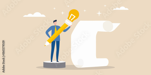 Man writing on a scroll with a pencil shaped like a lightbulb