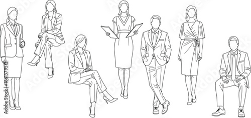 Business professionals outline illustration collection of standing and sitting men and women in elegant formal office fashion vector set