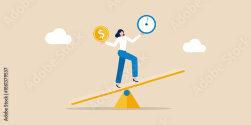 Balancing time and money a woman carefully manages priorities on a seesaw