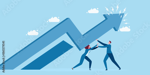 Teamwork propelling upward trend people pushing a large arrow towards success