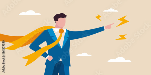 A superhero businessman points forward with energy bolts symbolizing leadership and power
