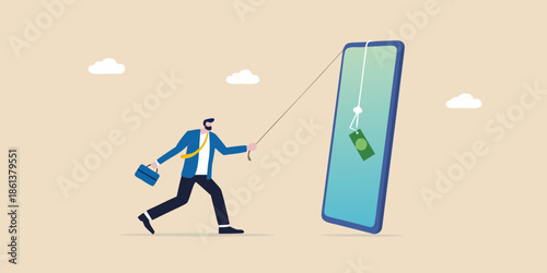 Man reaching for money dangling from a smartphone illustrating digital temptation