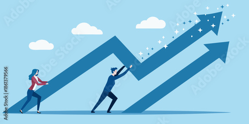 Teamwork propelling growth people collaborating to push an upward trending arrow