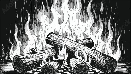 Highly detailed wood fire with burning logs and intense flames