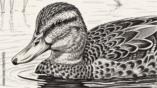 Detailed charcoal drawing of a wild duck swimming in water